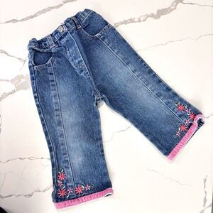 Nannette | Girls Denim Blue Jeans Floral Embroidered Accents Elastic Waist 18M